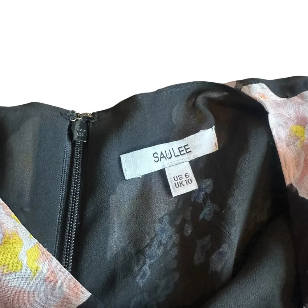 Sau Lee Sienna Black Floral Dress Long Sleeve Ruched 100% Silk Size 6 Women's - Image 4