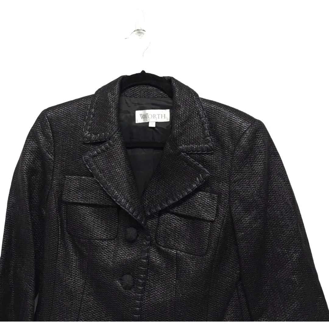 Worth Solid Black Tweed Knit Blazer Jacket Size 8 Office Edgy Steampunk Waffle - Image 2