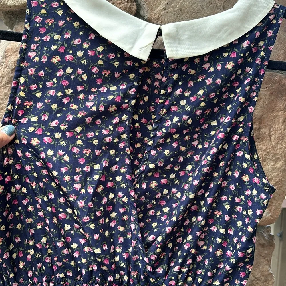 Sleeveless Navy Blue Tulip Floral Fit & Flare Dress Sundress Size LARGE - Image 7