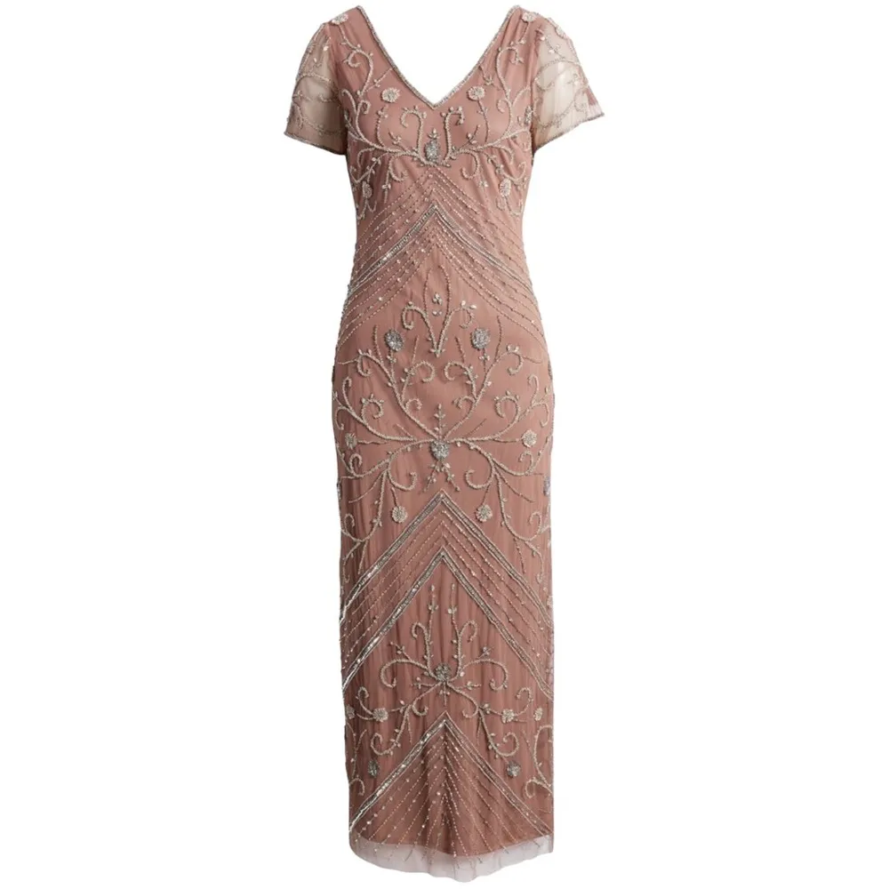 Pizarro Nights Beaded Mesh Overlay Cocktail Dress Mauve 4 NWT Pink - Image 9