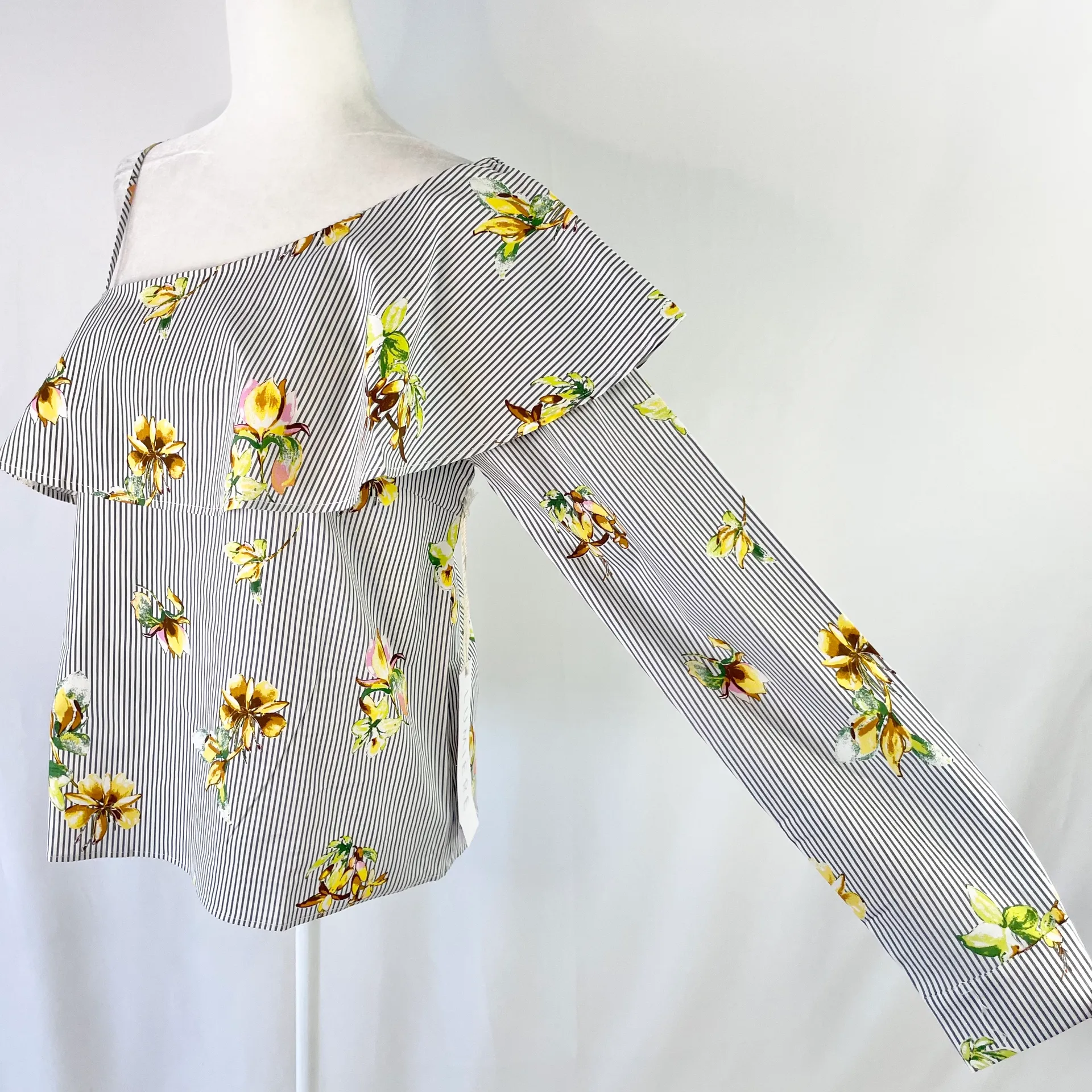 New  Floral Striped One Shoulder Long Sleeve Shirt Grey Multi - Image 6