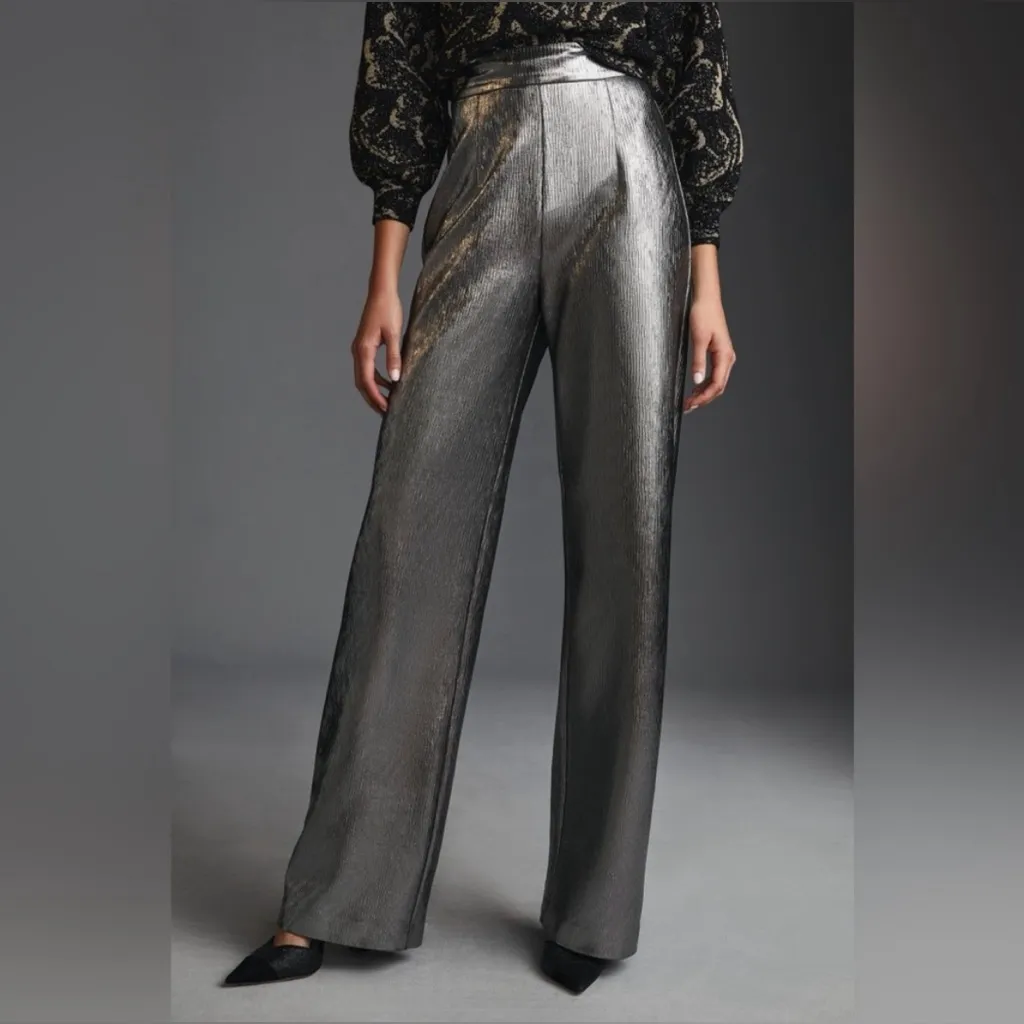 Anthropologie Hutch Silver Metallic Wide Leg High Rise Pants Size Small NWT - Image 3