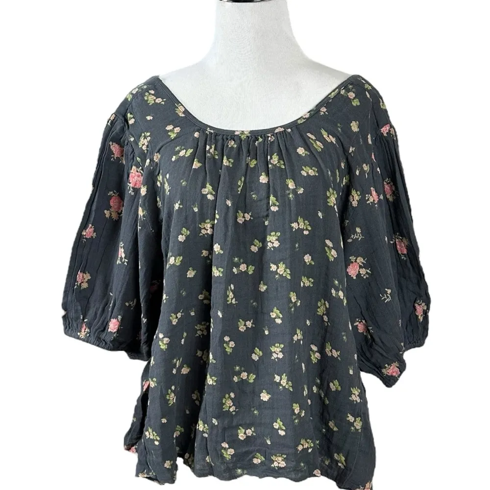 Free People Chloe Printed Top Washed Black Floral Large NWT Cottage Bow Gauze - Image 6