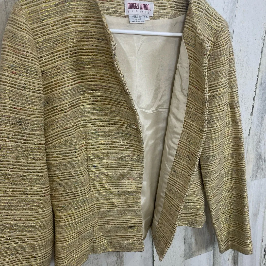 MAGGY LONDON Vintage Gold Striped Textured Metallic Blazer size 6 Holiday Party - Image 13