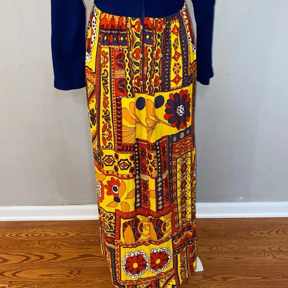 Sue Brett Junior Vintage 1970s Groovy Floral Print Navy/Yellow/Red Maxi Dress S - Image 10