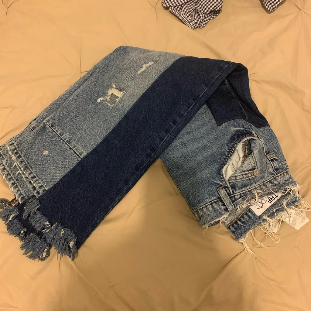 Blue Patchwork two tone denim asymmetric splice jeans Size 2 - Image 5