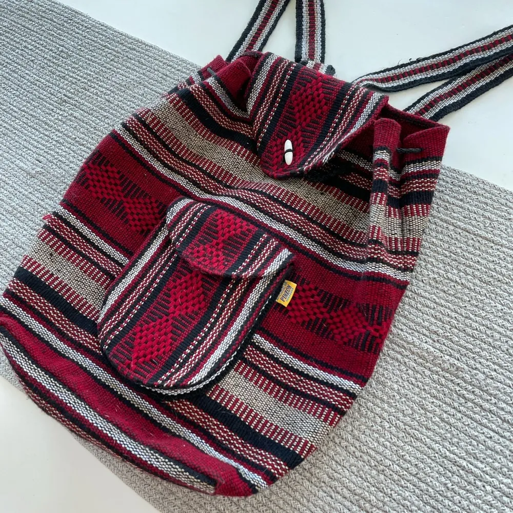 Vintage Artesian Black Red Wool Blend Tribal Boho Woven Backpack with Drawstring - Image 9