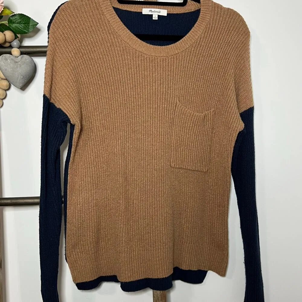 Madewell Long Sleeve Color Block Brown Navy Crew‎ Neck Sweater Size Small - Image 2