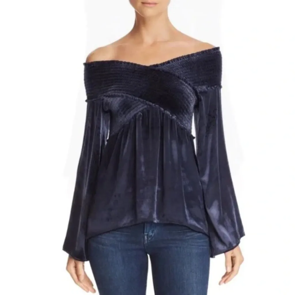 NWT Ramy Brook Liza One-Shoulder Velvet Smocked Top Sz XS Navy - Image 3