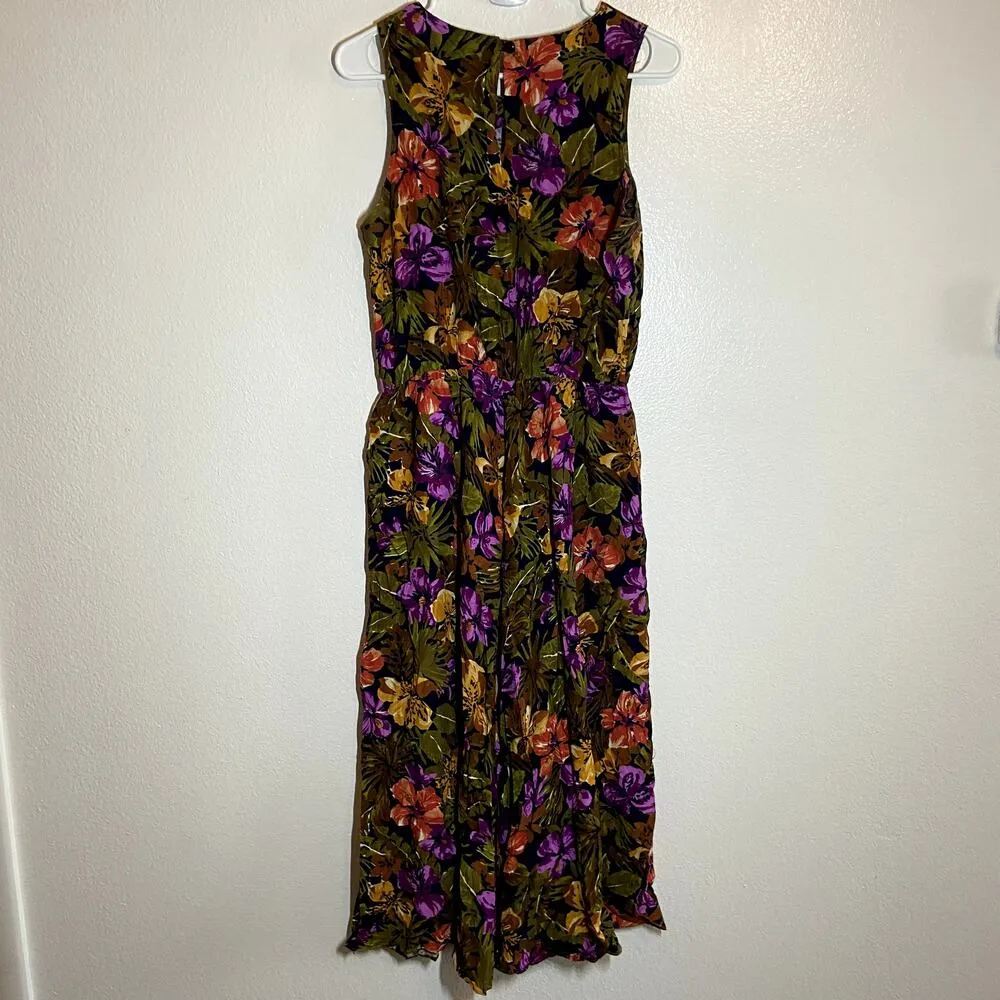 Vintage S.L. Fashions Maxi Sun Dress 80s USA Tank Keyhole Back Hibiscus Multi 12 Black - Image 4