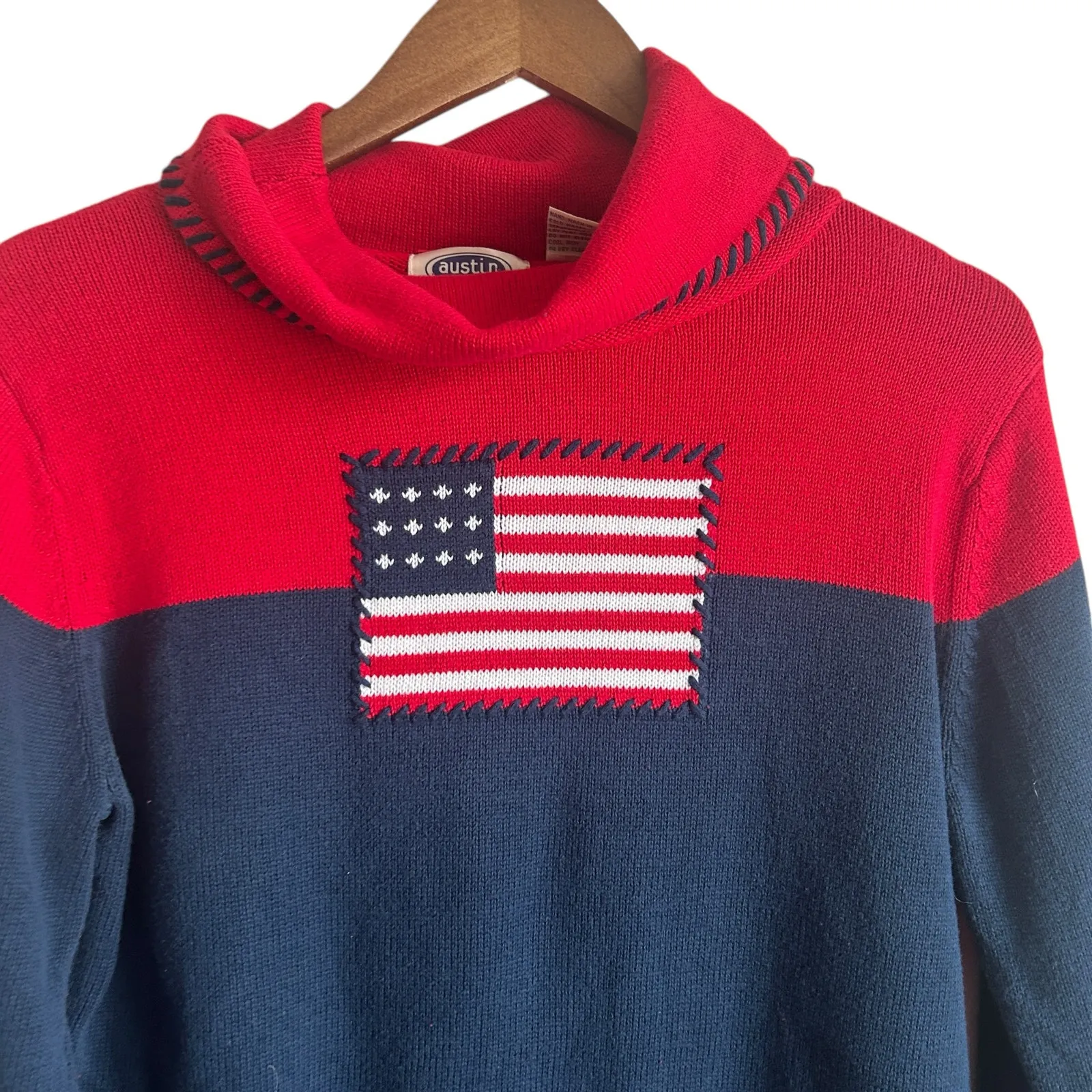 VTG Austin Clothing Women Sweater L Cowl Neck Knitted American Flag Patriotic Blue Size L - Image 11