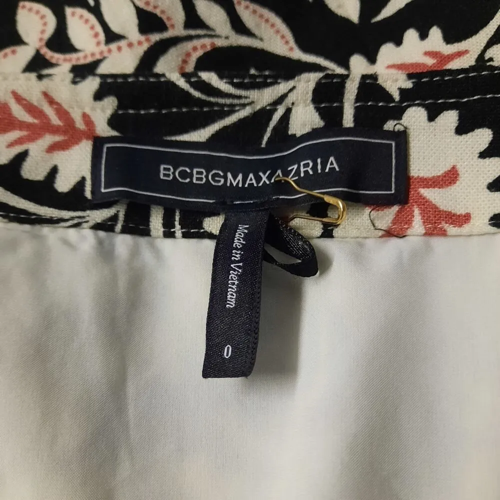 BCBGMAXAZRIA Dress Womens 0 Black White Floral Linen Blend Button Front Midi - Image 3