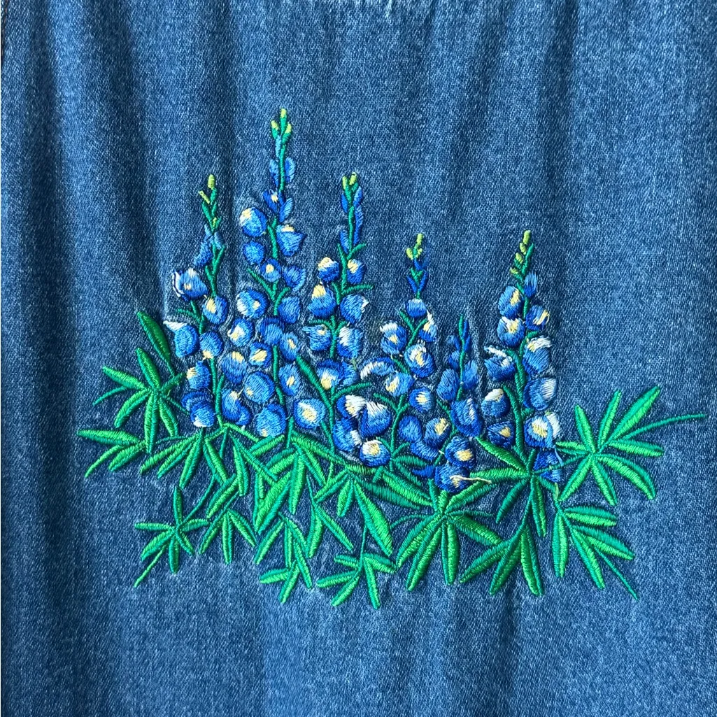 Vintage 90s Casey Coleman Bluebonnet Embroidered Denim Jumper Dress midi overall Blue - Image 3