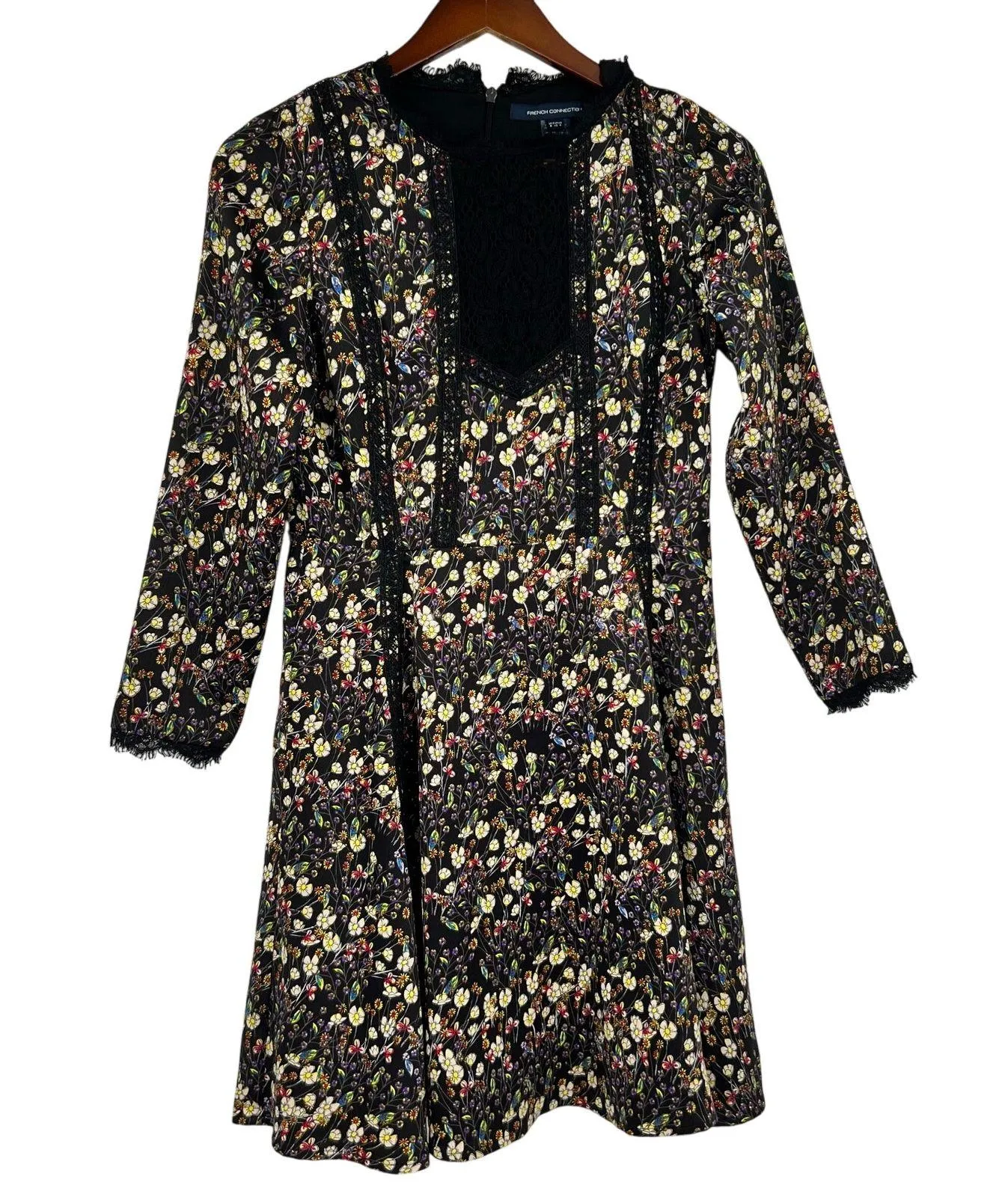 French Connection Hallie Drape Floral Black Folk Boho Mini DressWomens size 4 - Image 2