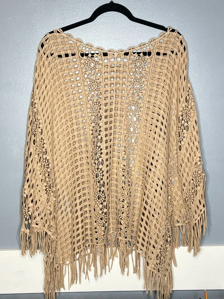 Boston Proper Crochet Fringe Poncho Top Boho Beachy Resort Vacation Layering S/M - Image 6