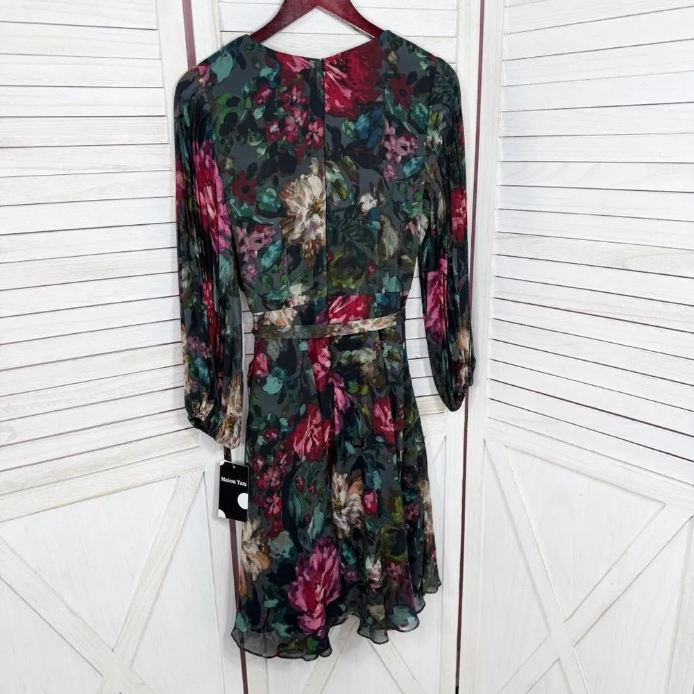 Maison‎ Tara Dark Floral Pleated Sleeve Chiffon Fit Flare Dress Black Multi 10 - Image 9