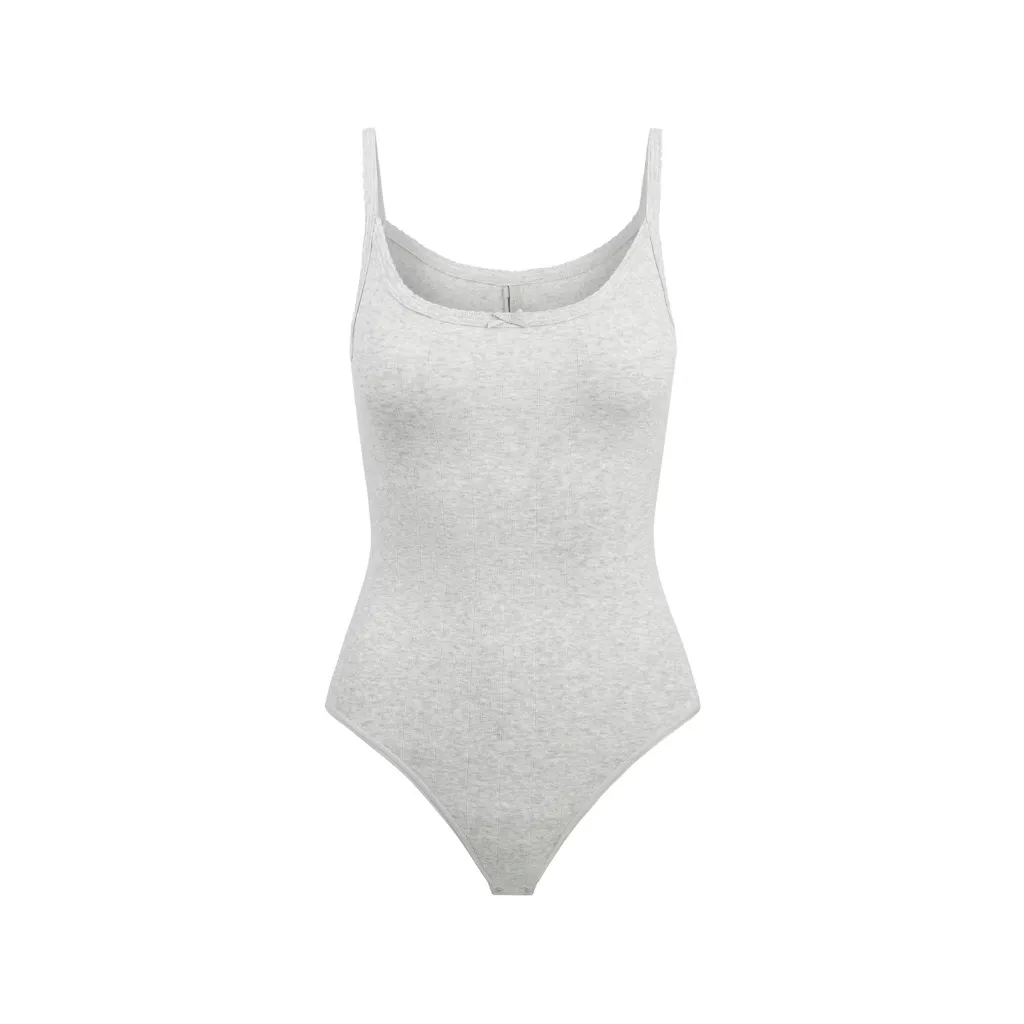 Skims Drop Needle Pointelle Cami Bodysuit in Light Heather Grey, Size Small - Image 5