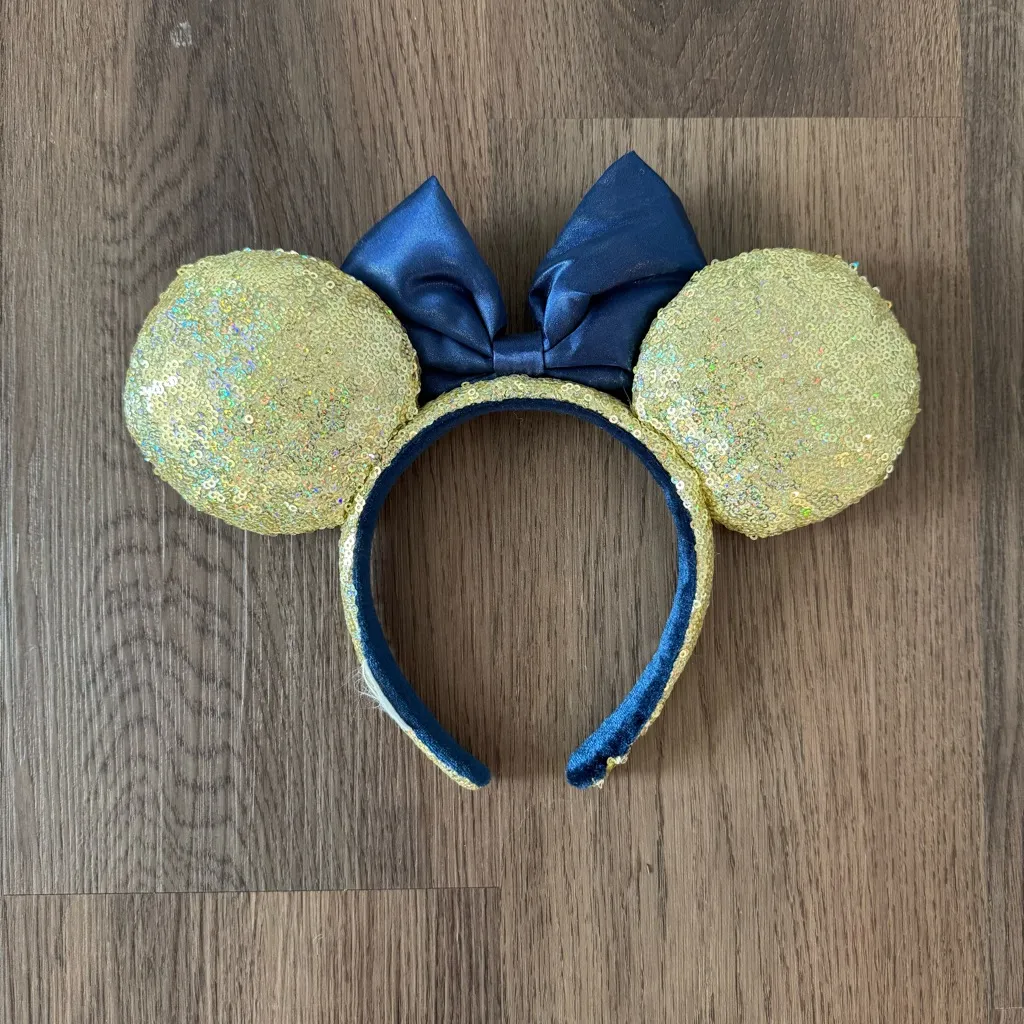 Gold Sequin Mouse Ears Headband Navy Blue Bow Disney Theme‎ Park - Image 2