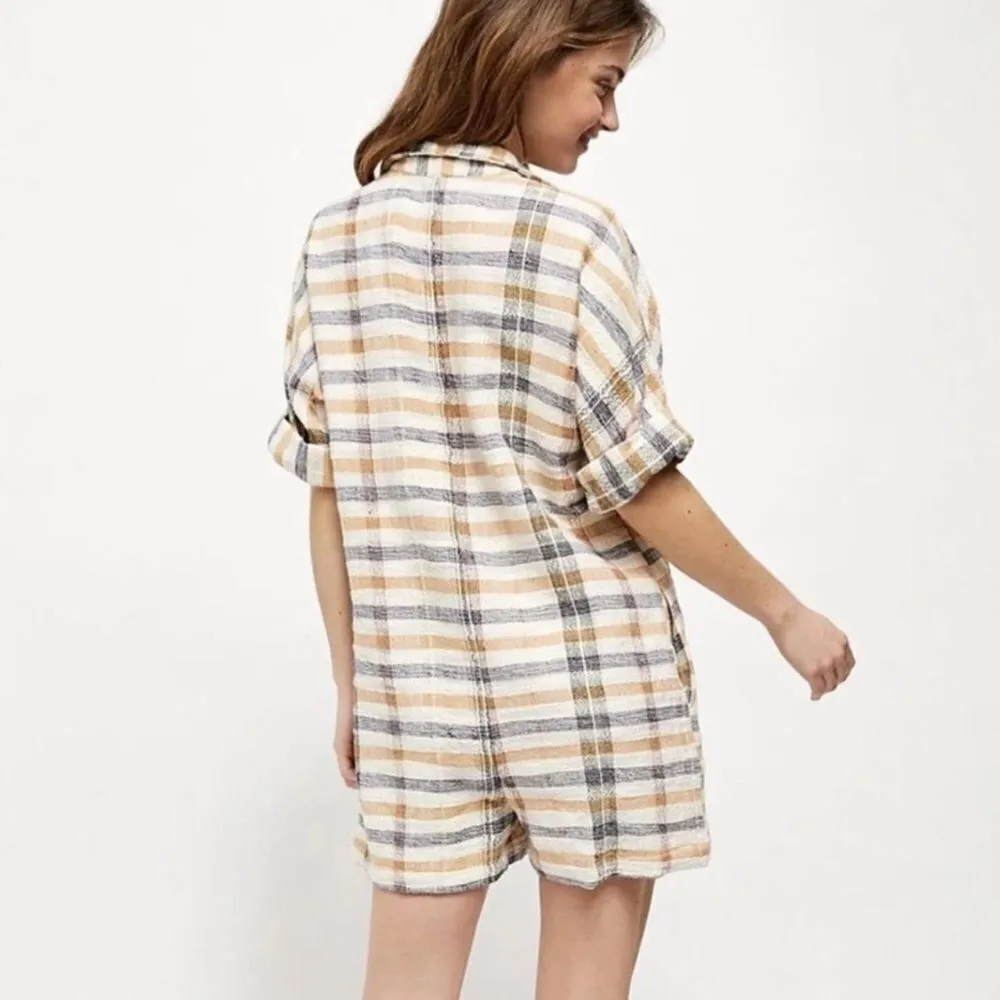 Free People Felicity Plaid Button Front Roll Tab Sleeve Romper Size Small - Image 4