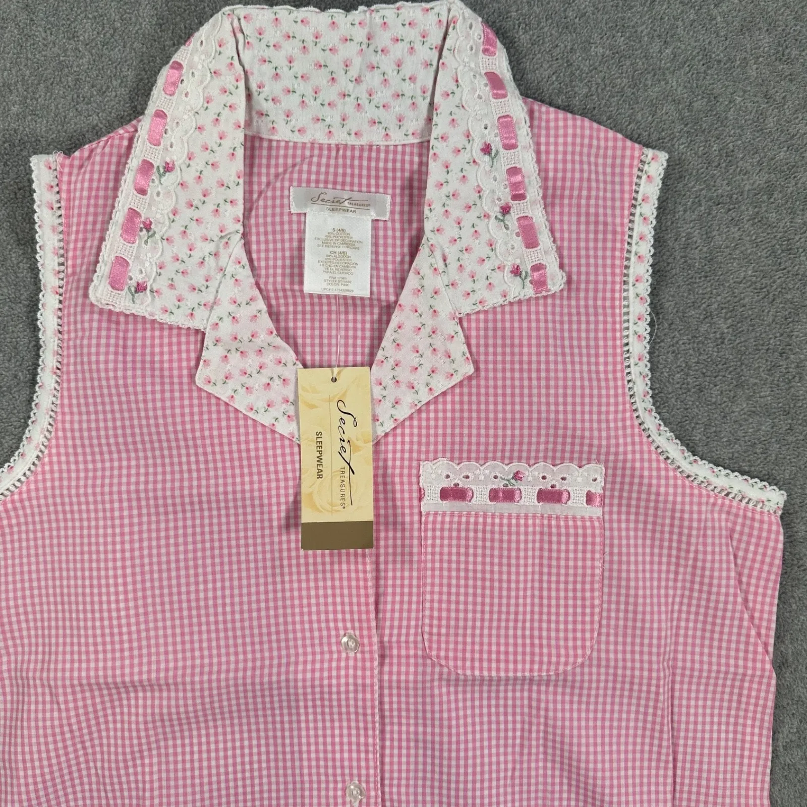 Secret Treasures Gingham Pajama Top Women's Small Pink Cottagecore Sleeveless - Image 2