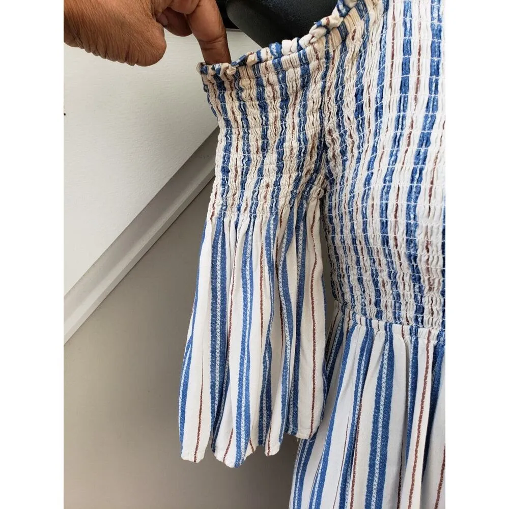 Magnolia Skye Women Multi Striped Smocked Cold Shoulder Sleeve Mini Dress Size S - Image 4