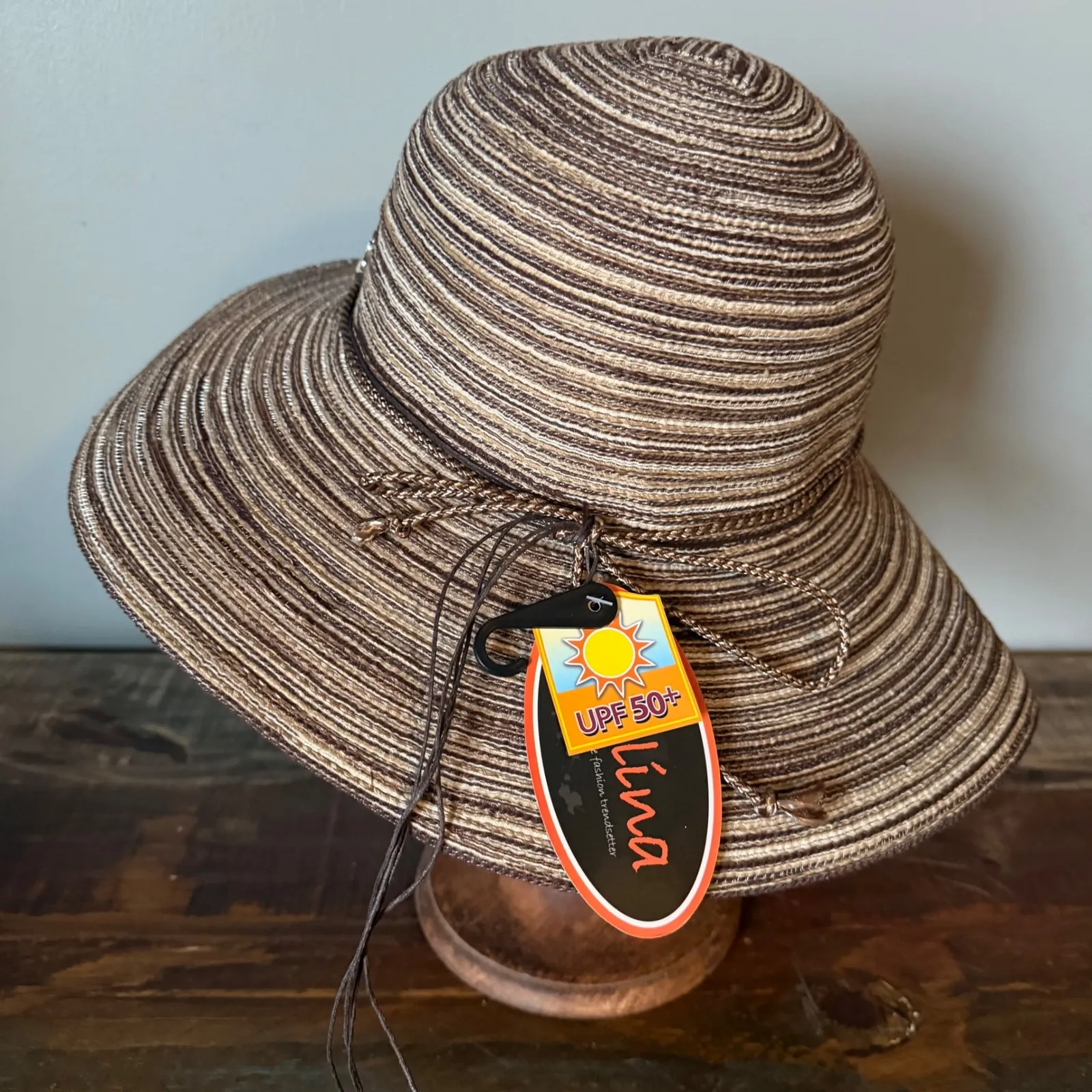 Kallina Womens Brown Striped Sun Hat Beach Vacation UPF 50 Plus Wide Brim - Image 3
