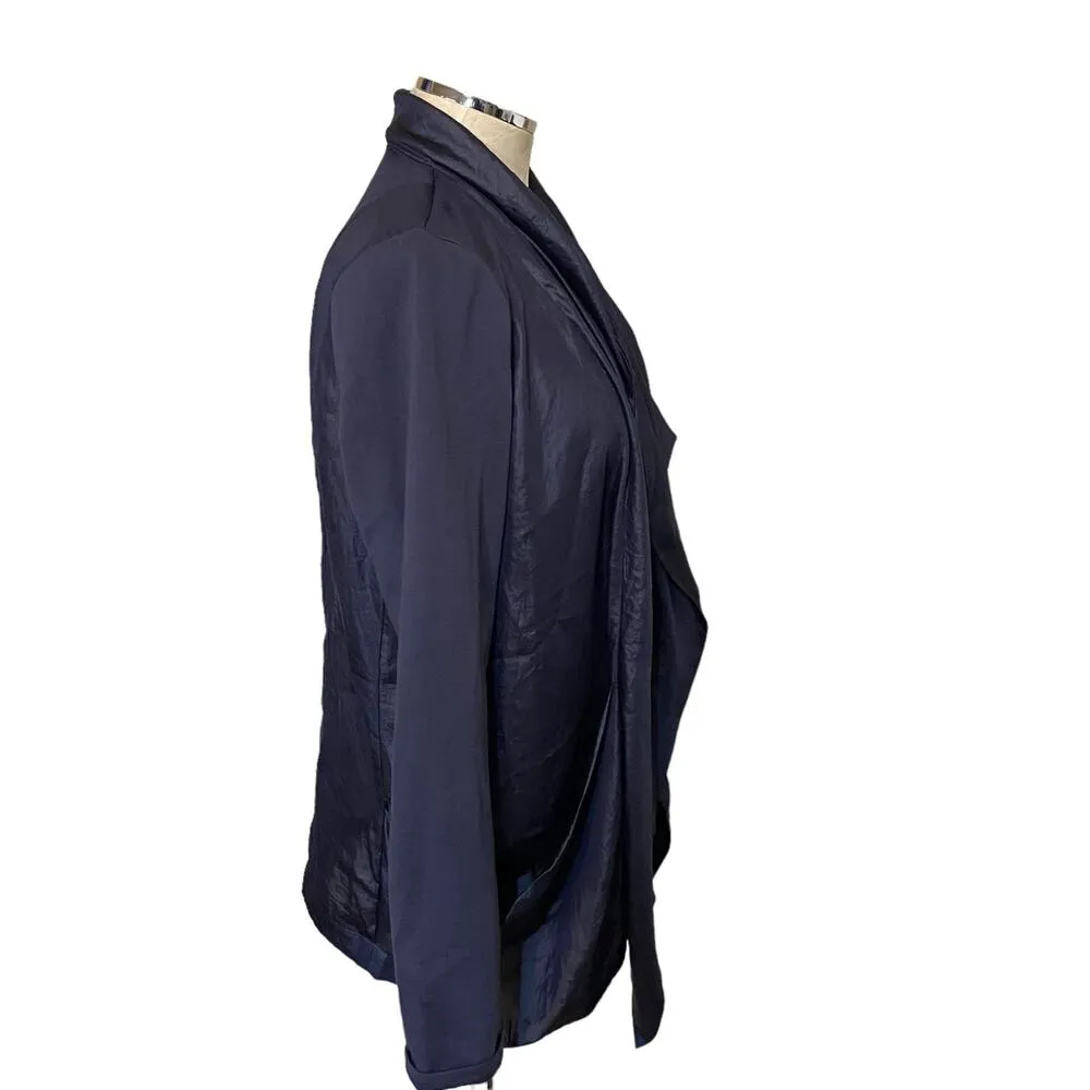 Vivienne Vivienne Tam Midnight Navy Blue Mix Media Satin Draped Waterfall Jacket - Image 4