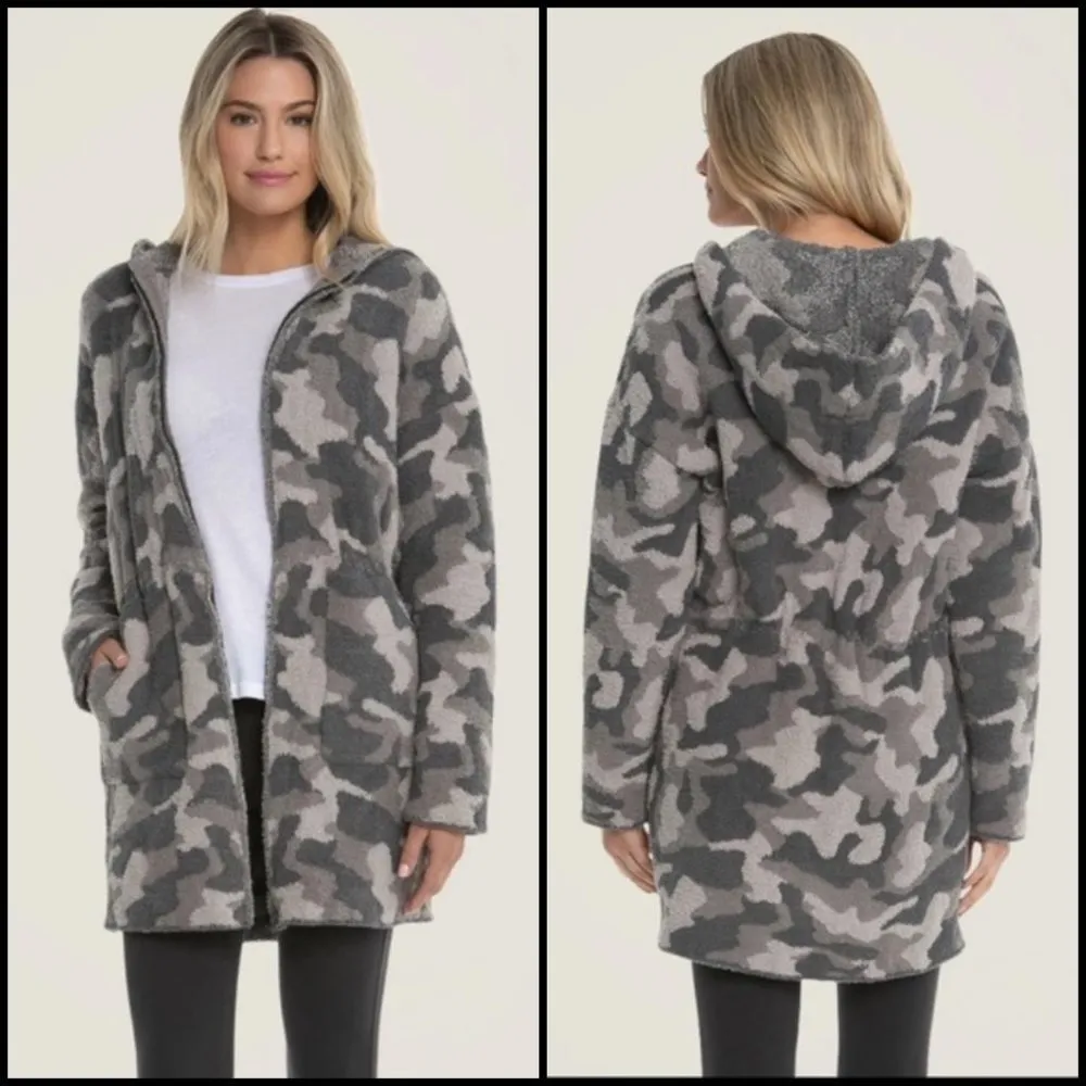 💕BAREFOOT DREAMS💕 CozyChic Camo Zip Up Hooded Anorak ~ Warm Gray Color XS NWT - Image 3