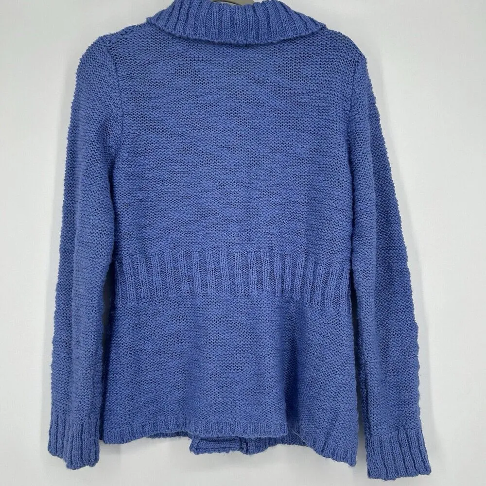 Chicos Cable Knit Cardigan Sweater Blue Wool Blend Snap Close Collared 1 Size M - Image 6