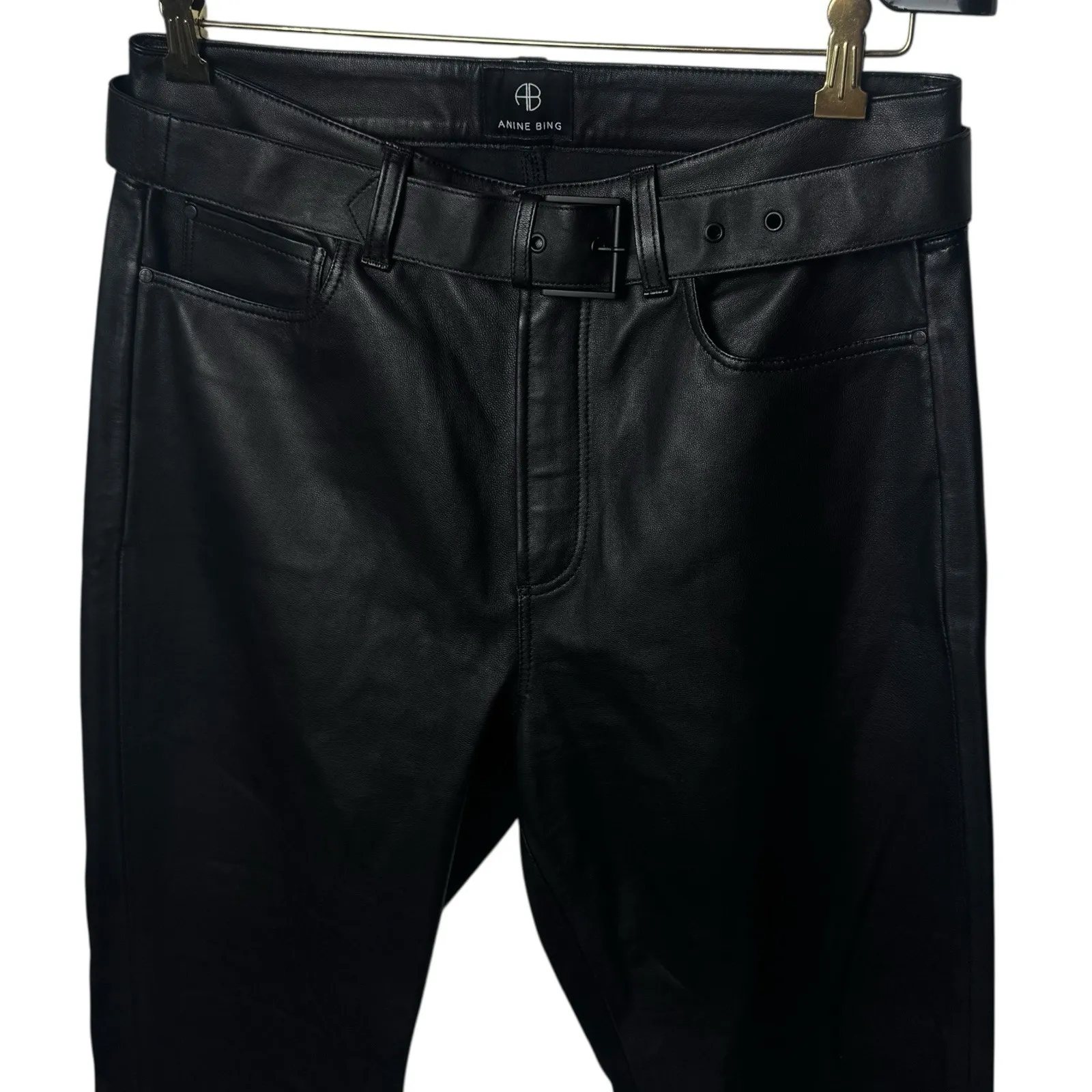 Anine Bing Connor Pants Black Lamb Leather High Rise Belted Straight Leg 40(M) - Image 4