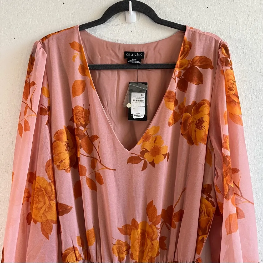 City Chic Dress Rose Floral Print V-Neck Long Sleeve A-Line Maxi Dress Sz 20 NWT - Image 5