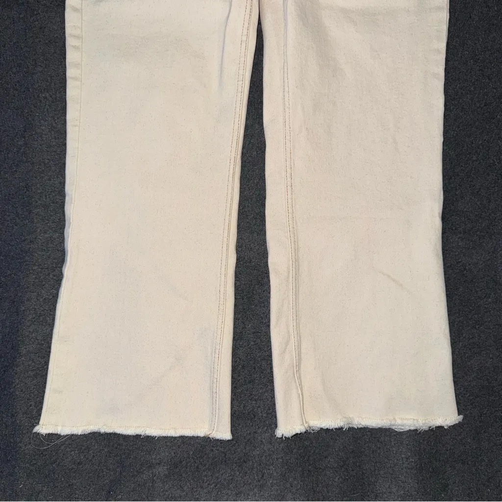 Zara High Waist Mini Flare Jeans Beige Cream Raw Hem 10 Preppy Boho Patch Pocket - Image 6