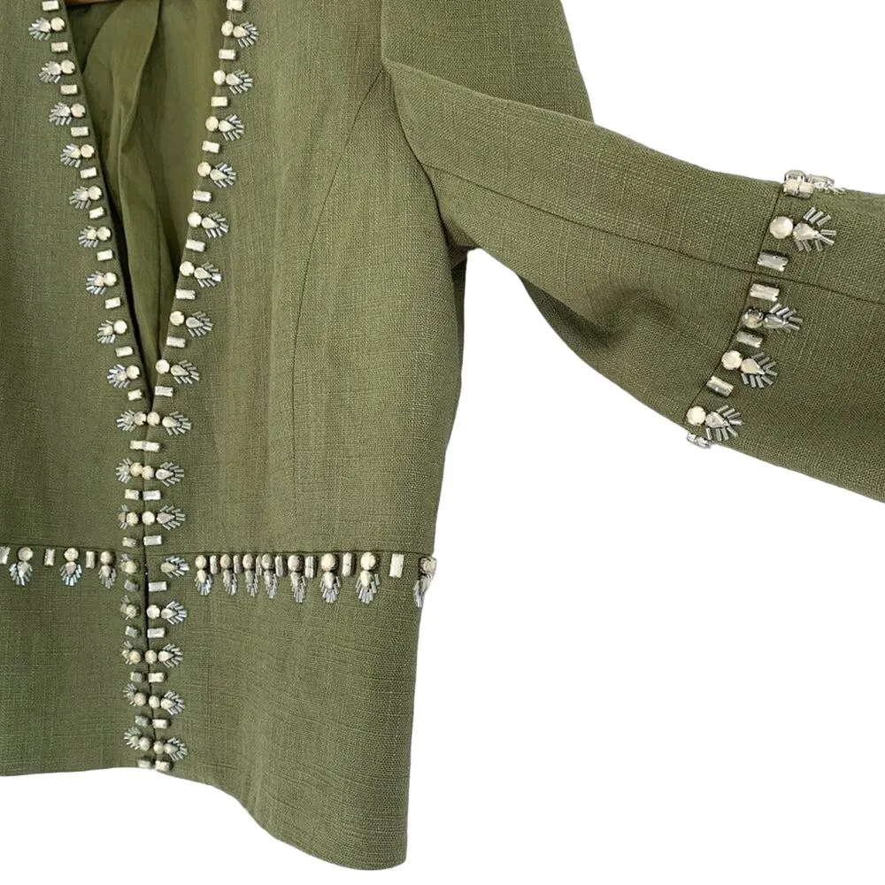 Tory Burch Embellished Avery Linen Boxy Jeweled Crop Jacket Green Silver US 6 - Image 4