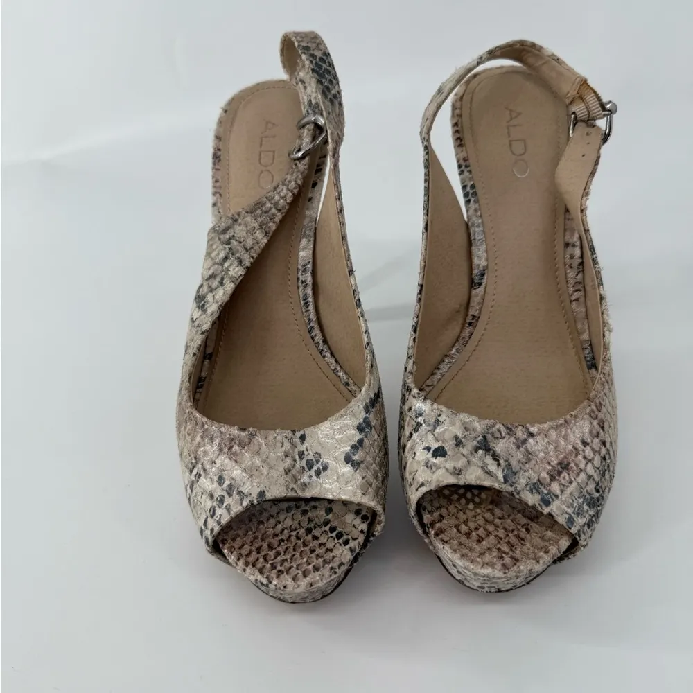 ALDO  Tan Snake Print Cragar Peep-Toe Slingback Heels - Image 2
