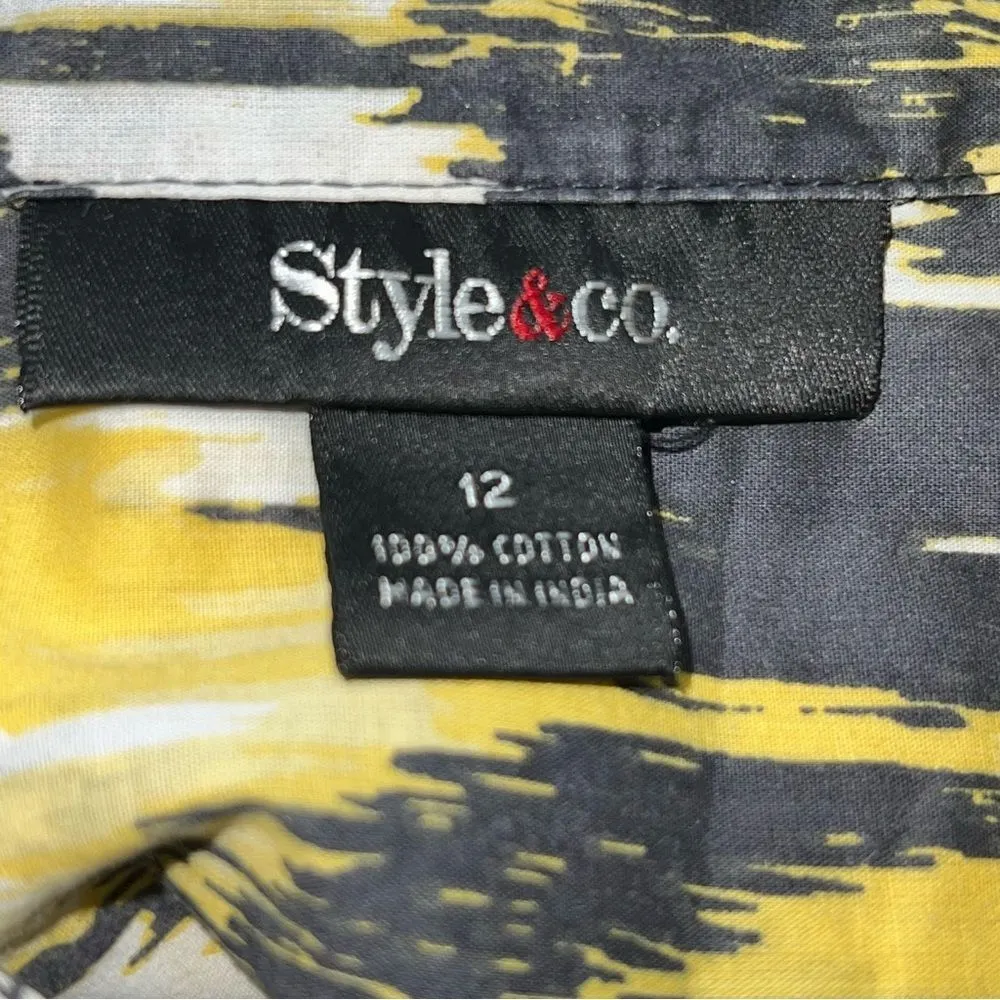 Style & Co Black/White/Yellow Abstract Print 100% Cotton/Sleeves Tab Up-Size 12 - Image 7