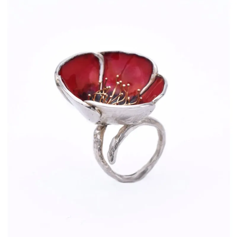 Poppy Flower Ring Earring Set Sterling Silver Adjustable Red Enameled Metal Art - Image 12
