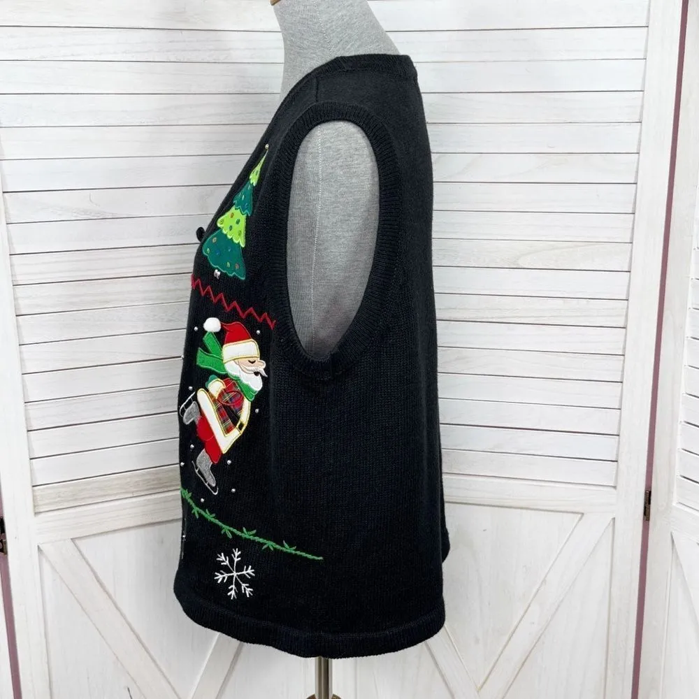 Bechamel Vintage Santa Ugly Christmas Sweater Vest V Neck Button Black Medium - Image 5