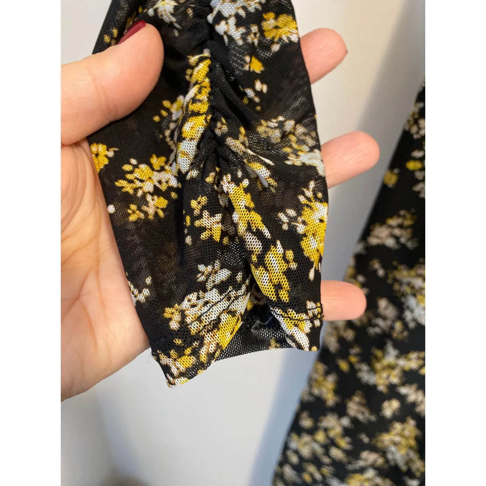 AFRM Tezza Black & Yellow Floral Ruched Mesh Midi Long Sleeves Dress Womens XS - Image 5