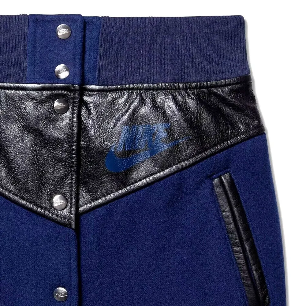 NWT Nike x Sacai Windrunner in Navy Fleece Wool Leather Trim Button Skirt S $500 - Image 3