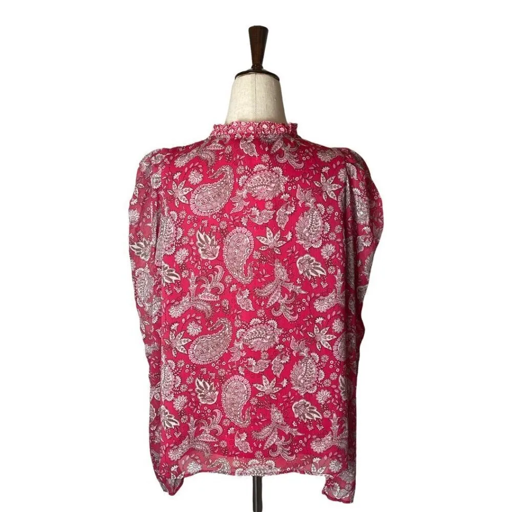 Cupcakes & Cashmere Pink And White‎ Paisley Puff Long Sleeve Tie Neck Blouse M Size M - Image 3