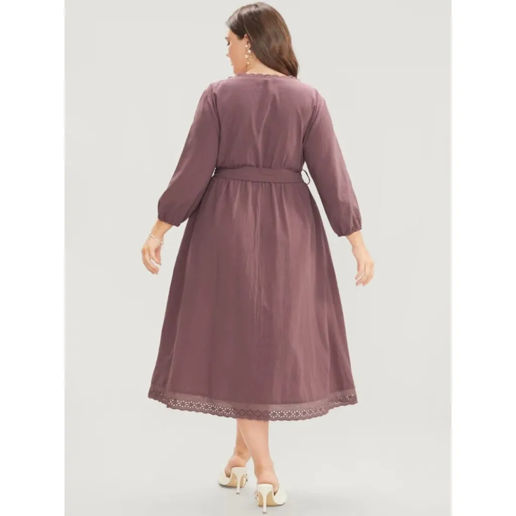 Bloomchic Solid Square Neck Pocket Contrast Lace Belted Dress Mauve 14 - Image 2