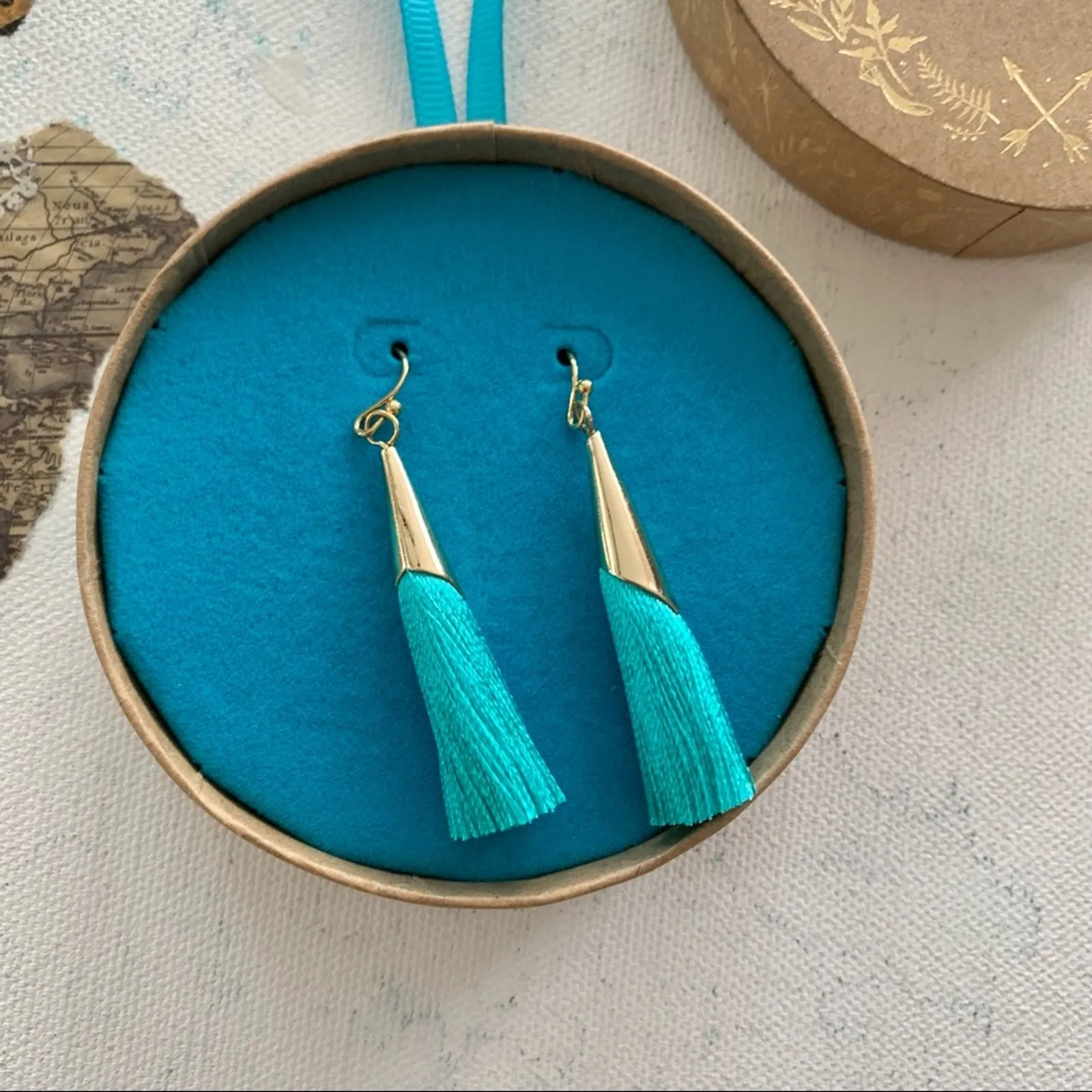 Shiraleah Anthropologie Tallulah Teal & Gold Tassel Drop Boho Style Earrings - Image 4
