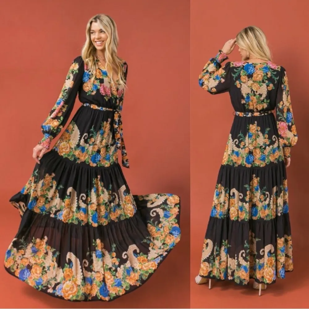 Flying Tomato Hey Cutie Woven Maxi Dress Black Boho Long Sleeve Tiered size S - Image 2