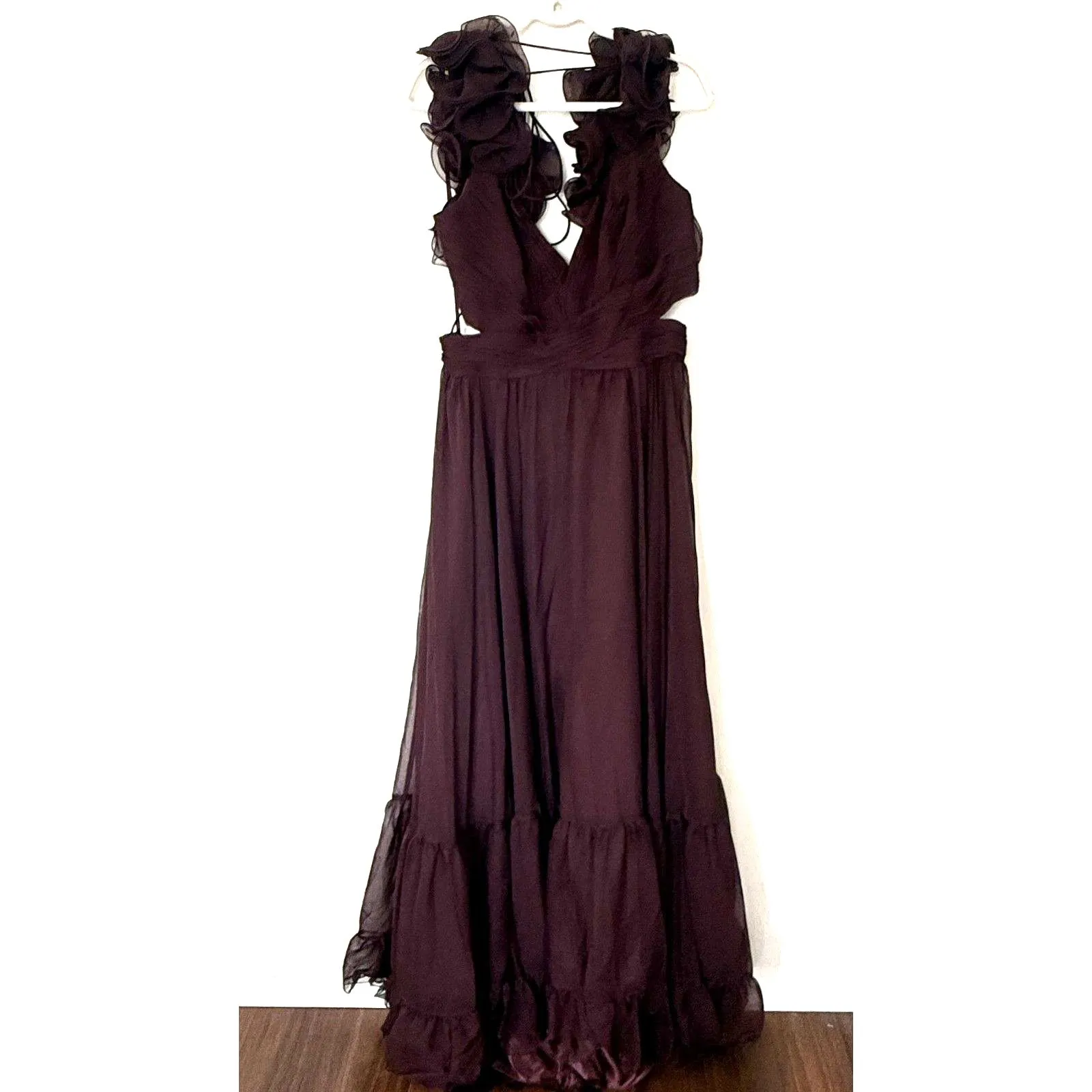 Mac Duggal Style 67911 Bordeaux Ruffle Tiered Lace Up Chiffon Cut Out Gown Sz 16 - Image 2