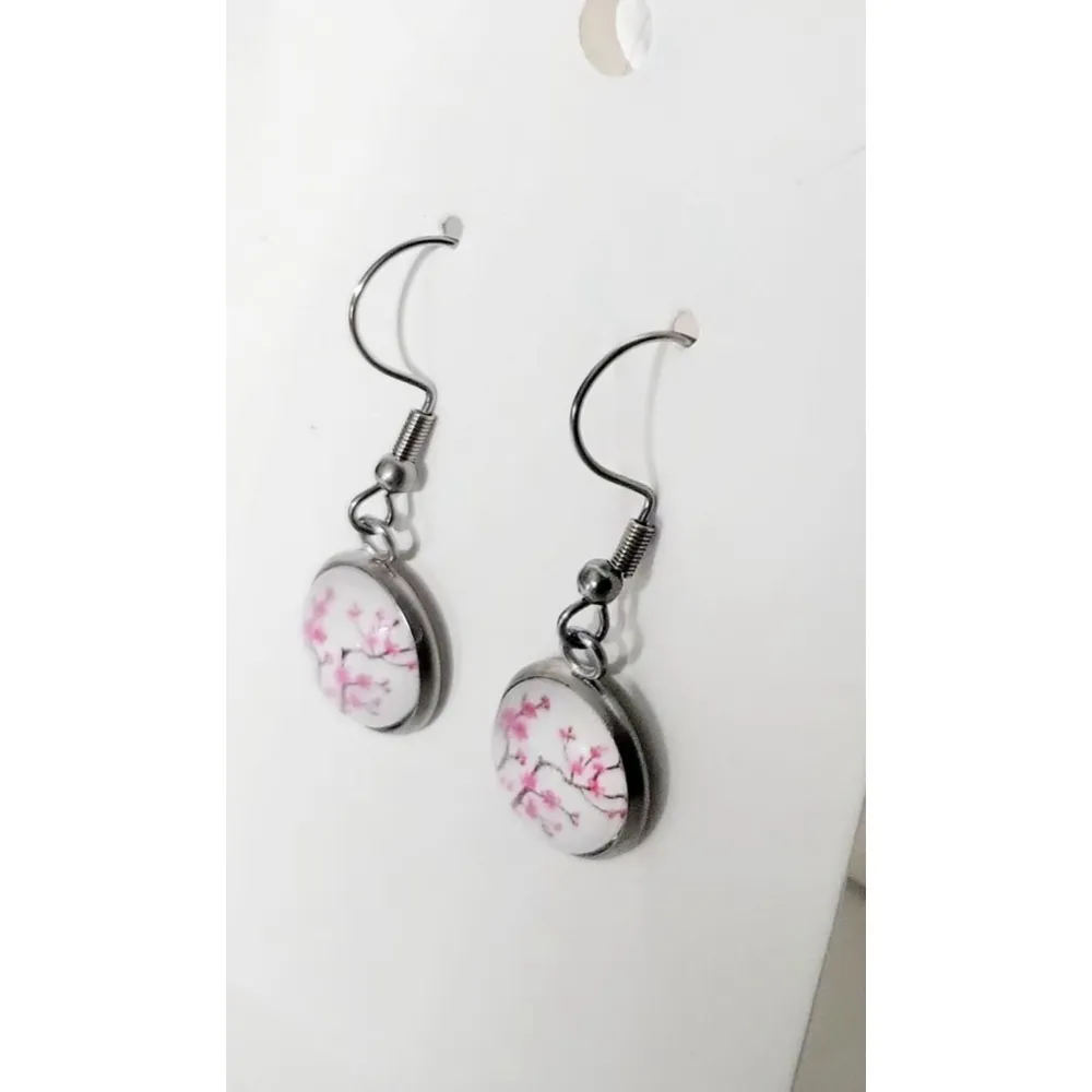 Hand Crafted cherry blossom branches dangle drop earrings Pink - Image 3