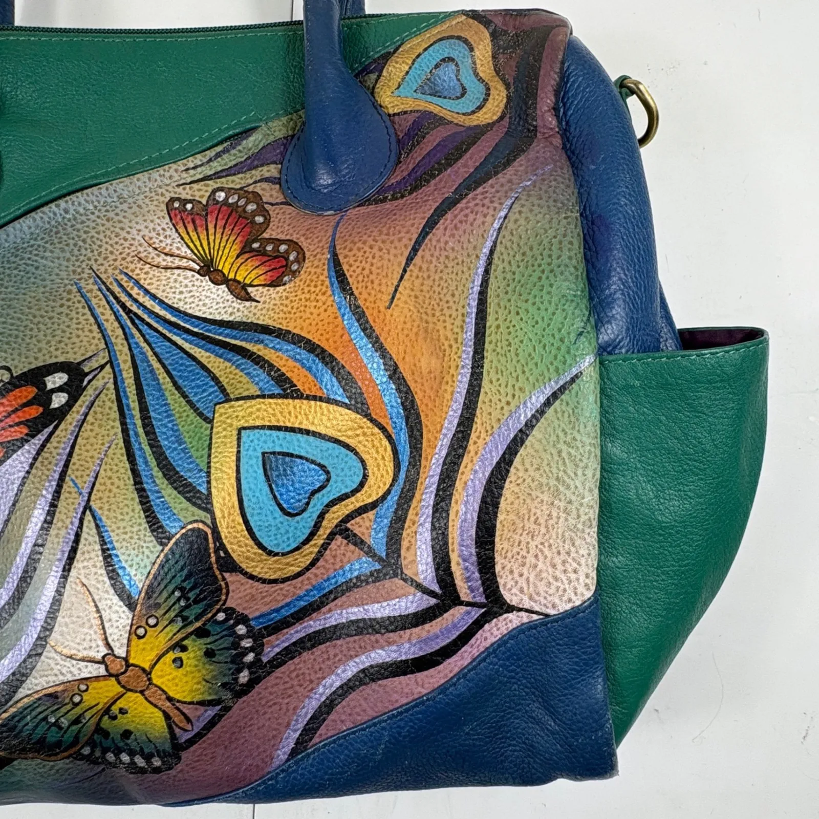 Anuschka Hand Painted Leather Shoulder Bag Butterfly Floral Satchel Tote - Image 2