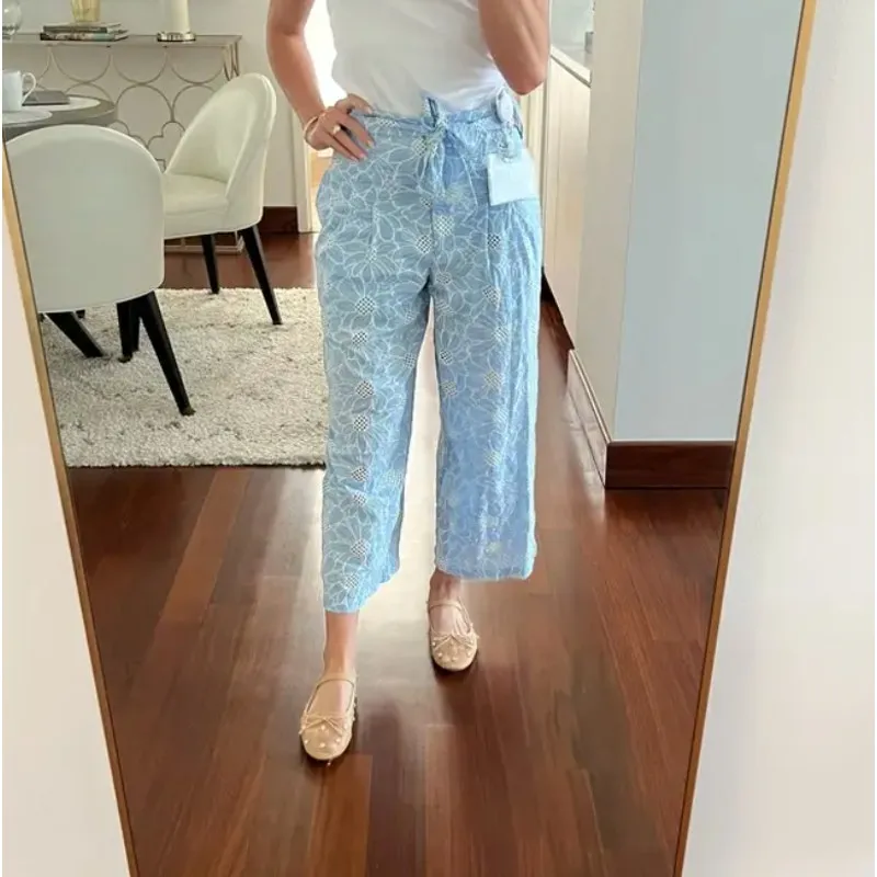 CeCe Blue White Eyelet Pants Size 4 Ankle Wide Leg Belted Cotton Vacation $119 - Image 5