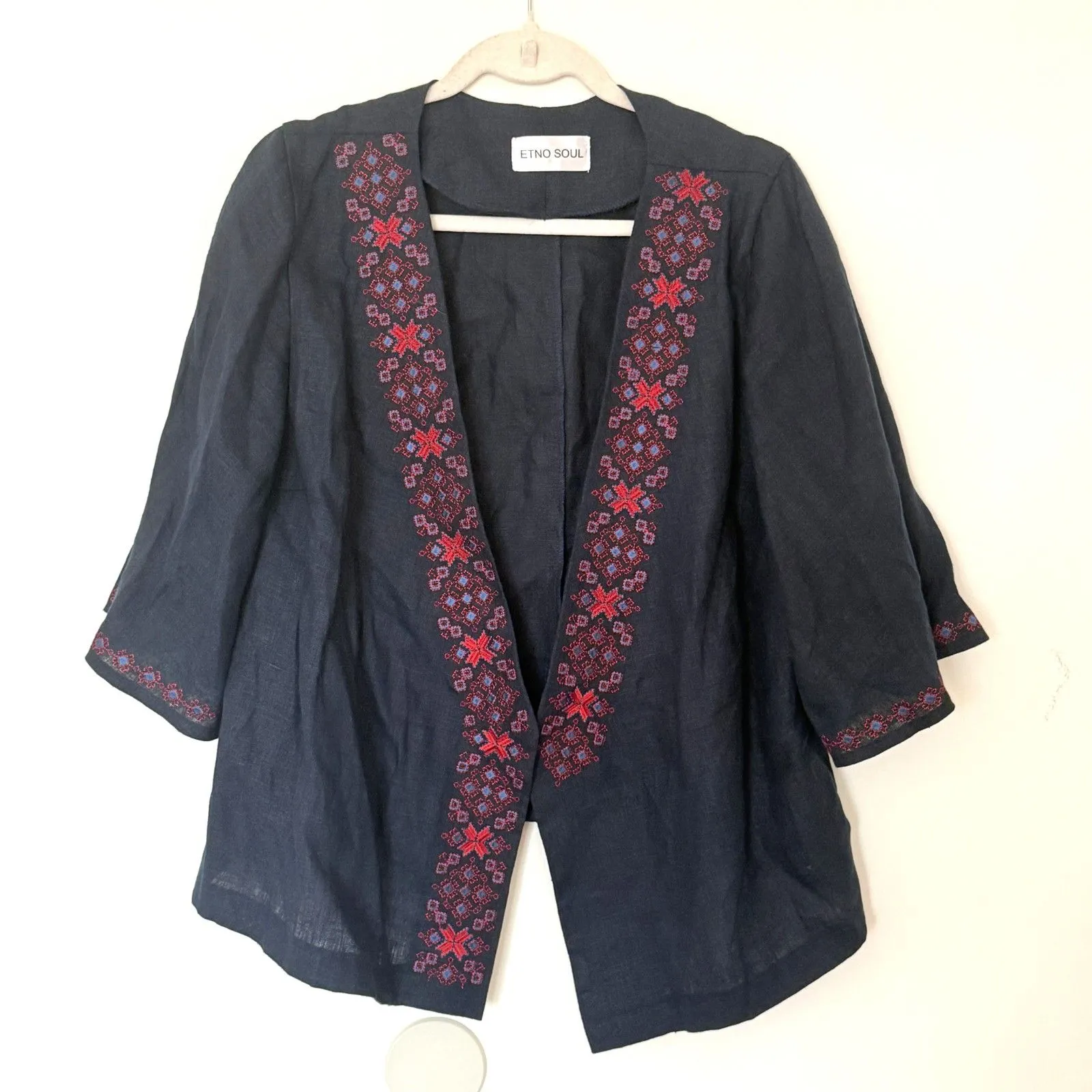 Etno Soul Blue Linen Embroidered Vyshyvanka Wrap Blouse Butterfly Sleeve No Belt Size undefined - Image 2