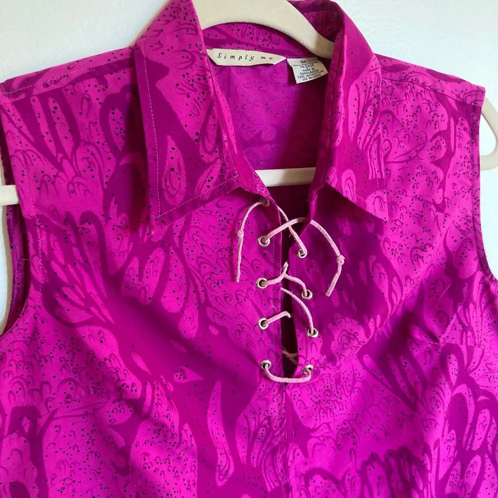 Vintage Y2K Womens M Pink Lace Up Collared Crop Top Fairy Grunge Whimsigoth Size M - Image 3