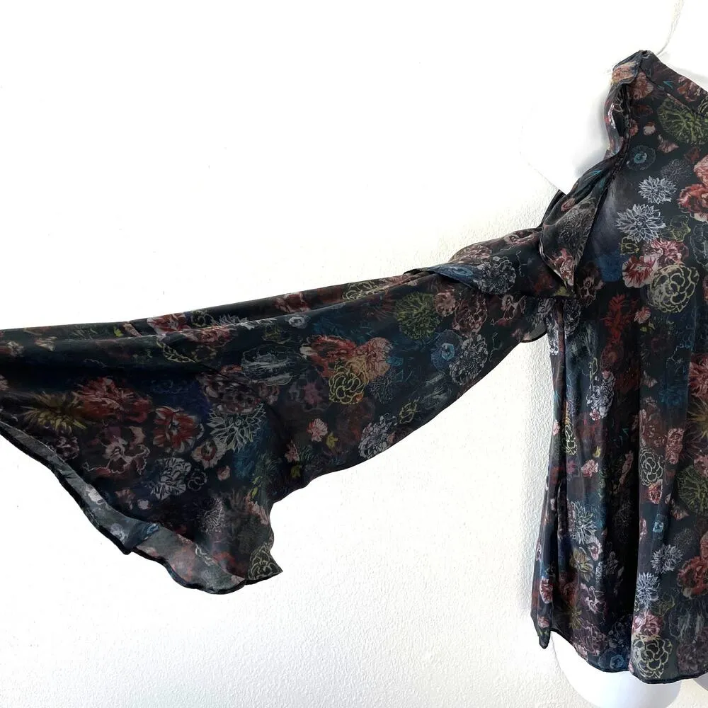 IRO Blouse 36 Small Ciclan Cold Shoulder Antique Dark Floral Silk Bell Sleeve - Image 4